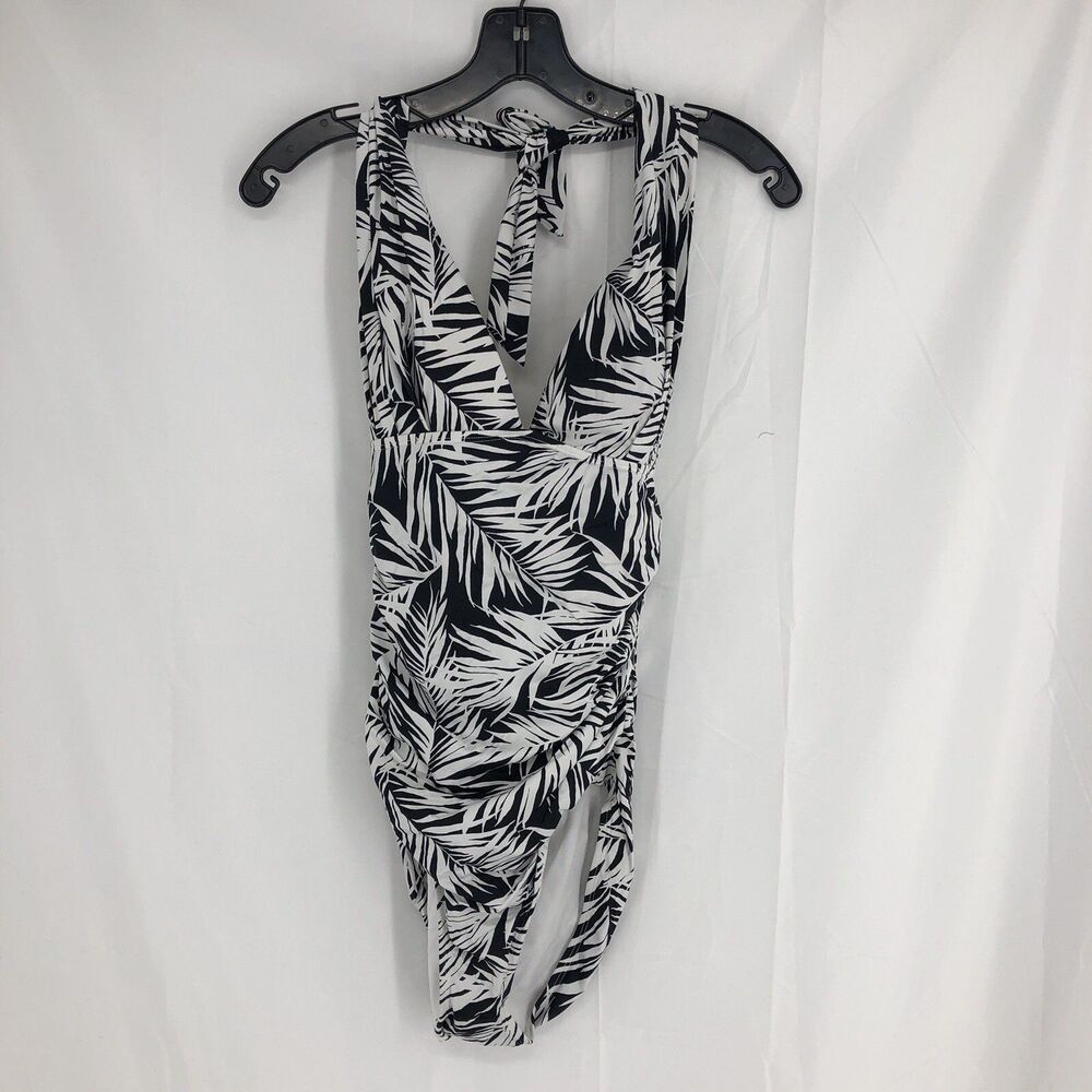 Old Navy Black White Floral Bathing Suit Leaf Pattern Glam Draped 524487 Medium
